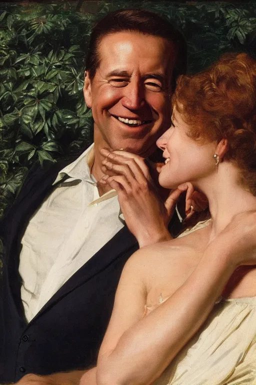 Image similar to smiling Joe Biden whispering in a frightened woman’s ear, golden hour, in a garden, artstation, by J. C. Leyendecker and Peter Paul Rubens,