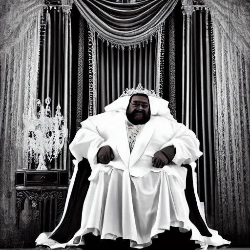 Prompt: Large black man sitting on throne wrapped in silk, background made of large folding curtains, dark, hyper detailed, hyper realistic, 8K photo realistic, black and white color, dimly lit, butterfly lighting, dark, style of rafael pavarotti, low angle looking up