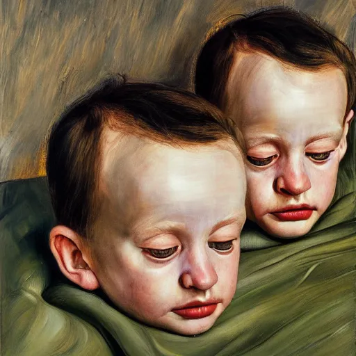 Image similar to high quality high detail painting by lucian freud, hd, portrait of twins, photorealistic lighting