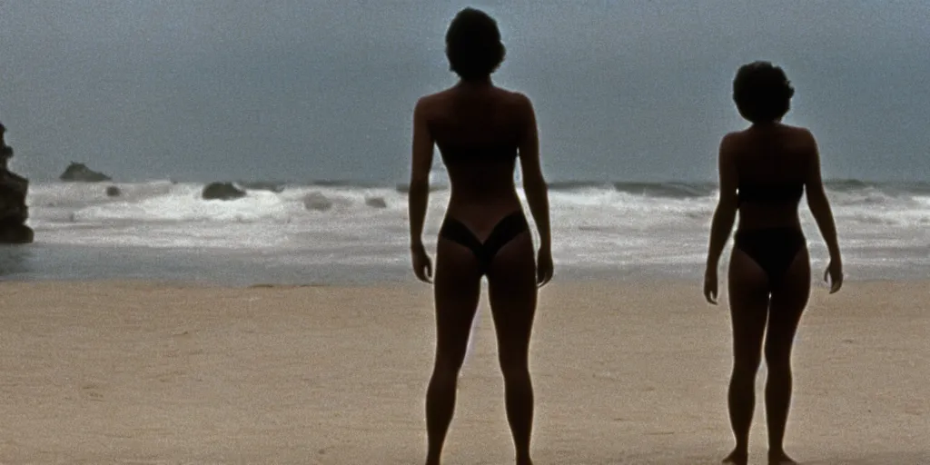 Prompt: color film still, view from behind, a woman in black bikini standing on the beach ; alien 2 ( 1 9 8 6 )