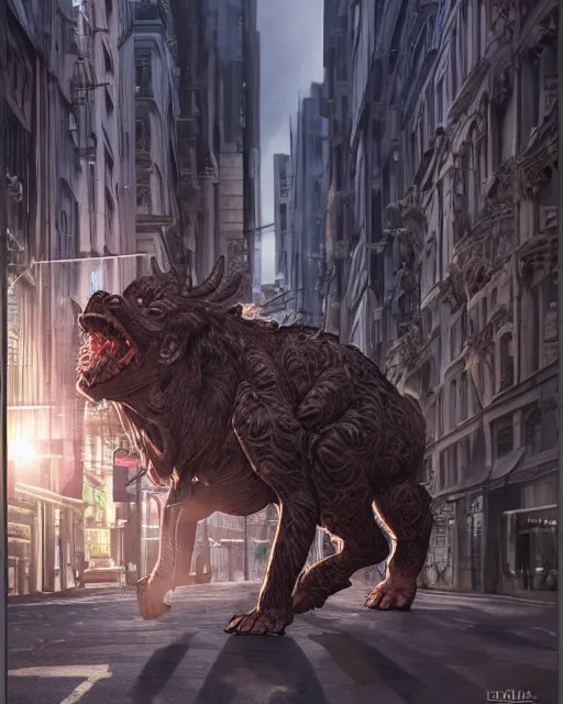 Prompt: wild beast in city streets, dramatic lighting, very detailed, electrical details, high details, 4k, 8k, trending on artstation, by Hajime Sorayama and Paolo Eleuteri Serpieri