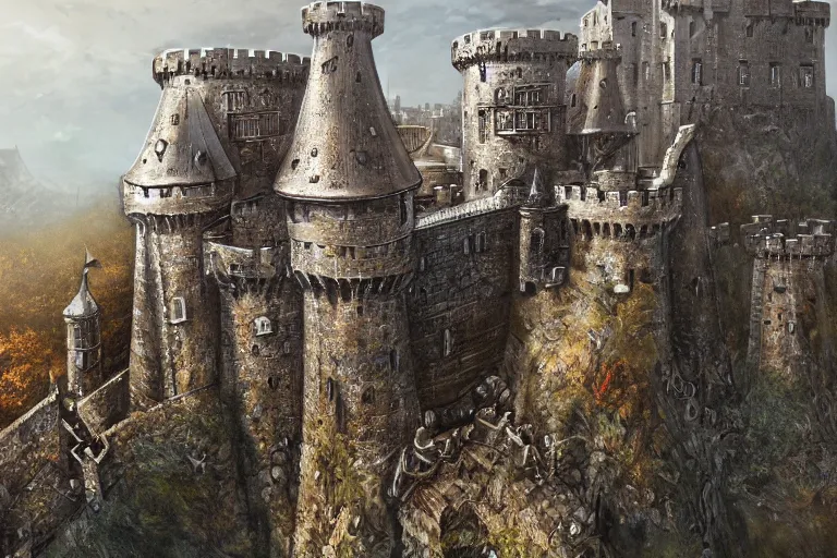 Prompt: A big keep overlooking the castle below it, metal, iron, texture, intricate, details, highly detailed, masterpiece, architecture, building, trending on artstation, focus, sharp focus, concept art, digital painting, fantasy, D&D, tabletop, rpg, roleplay