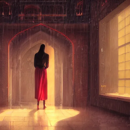 Prompt: detailed face of a woman, moment, courtyard, capital, cyberpunk mosque interior, control panel, watcher, omniscient, tech noir, wet reflections, neon, atmospheric, ambient, speed painting, livia prima, greg rutkowski, edward hopper