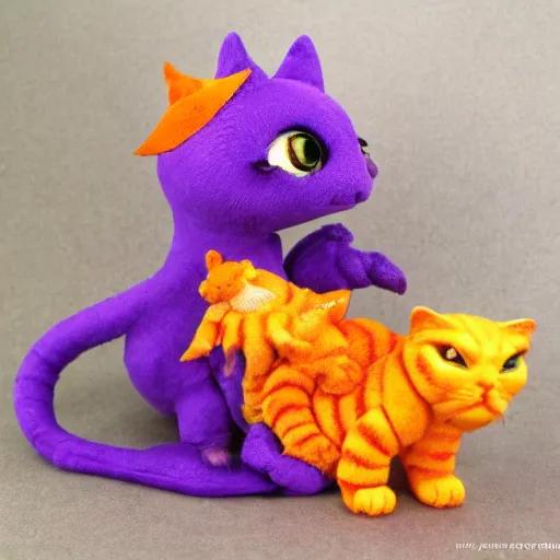 Image similar to tiny adorable purple fantasy dragon cuddles an orange tabby cat, realistic, orange tabby cuddles purple dragon, award - winning photography