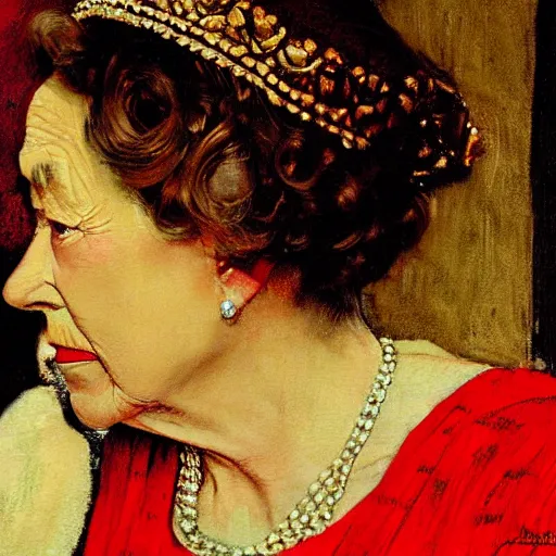 Prompt: close - up portrait of queen elizabeth painted as a sad beggar by norman rockwell, dramatic lighting