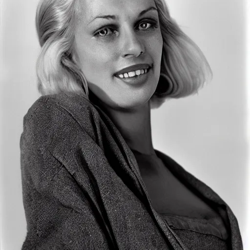 Image similar to photograph by richard avedon of olive skinned blonde female in her thirties wearing designer clothes