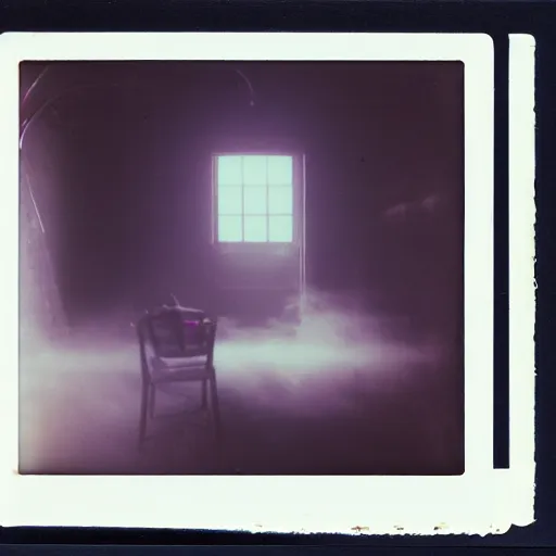 Image similar to you are lost in the backrooms, ghost, polaroid, laminal space, foggy