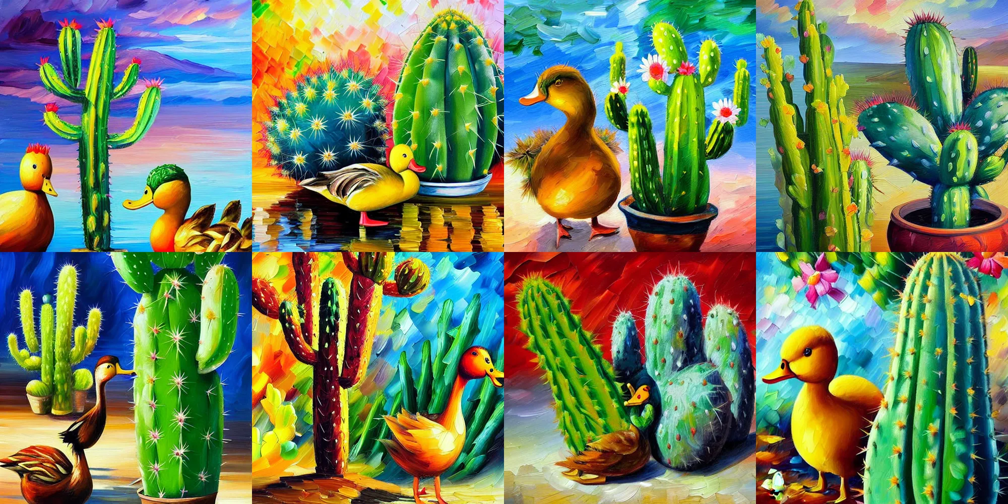 Prompt: A highly detailed oil painting of a cactus next to a duck, by Afremov