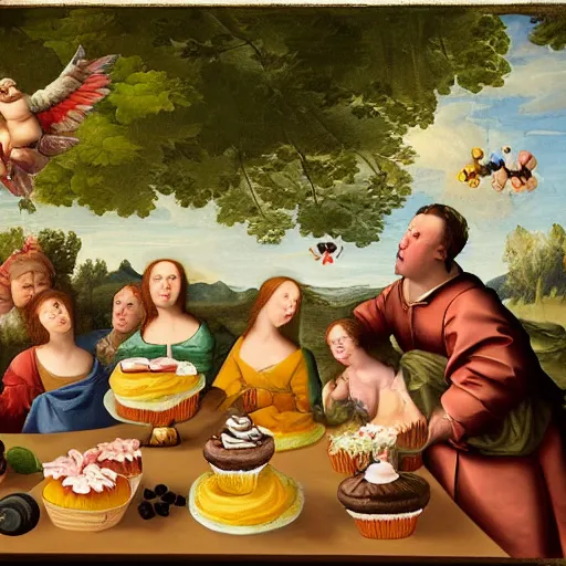 Image similar to renaissance painting flying cupcakes over landscape forest, green, five nights at freddies art style