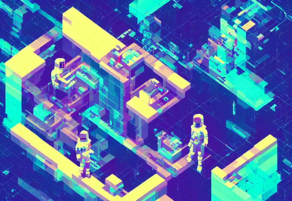 Prompt: isometric pixel art astronaut, vaporwave, cinematic lighting, 4 k