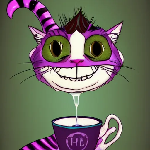 Image similar to cheshire cat drinking tea, by cory loftis, character art, art, very coherent, plain background, trending on artstation