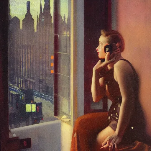 Image similar to retrofuturistic 1 9 3 0 s detailed oil painting of a woman in a window, cyberdeco cloisters, electronic billboards, tech noir, wet reflections, atmospheric, ambient, wlop, livia prima, george tooker, greg rutkowski, gil elvgren, grant wood, alexis flower, hopper, mucha, whistler, norman rockwell, peter max