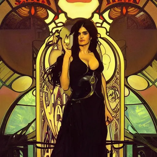 Image similar to salma hayek in a cyberpunk city bar by alphonse mucha, perfect proportions, beautiful face, perfect eyes, real life colors, elegant, sharp focus, hyper - realistic, 4 k, highly detailed, hd, dramatic lighting by brom