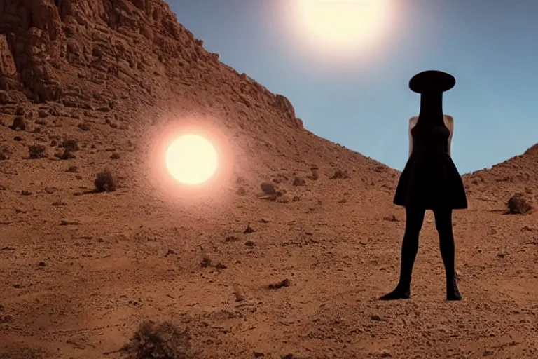 Image similar to levitating bene gesserit glowing woman with full - face golden mask in a dry rocky desert landscape, visible sky and sunny atmosphere, fata morgana giant mirrors, black star in the sky by alejandro jodorowsky and christopher doyle, anamorphic lens flares, kodakchrome, cinematic composition, practical effects, 8 k,