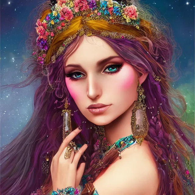Prompt: ethereal beautiful woman with beautiful hair in a romany gypsy outfit, high detail, artstation