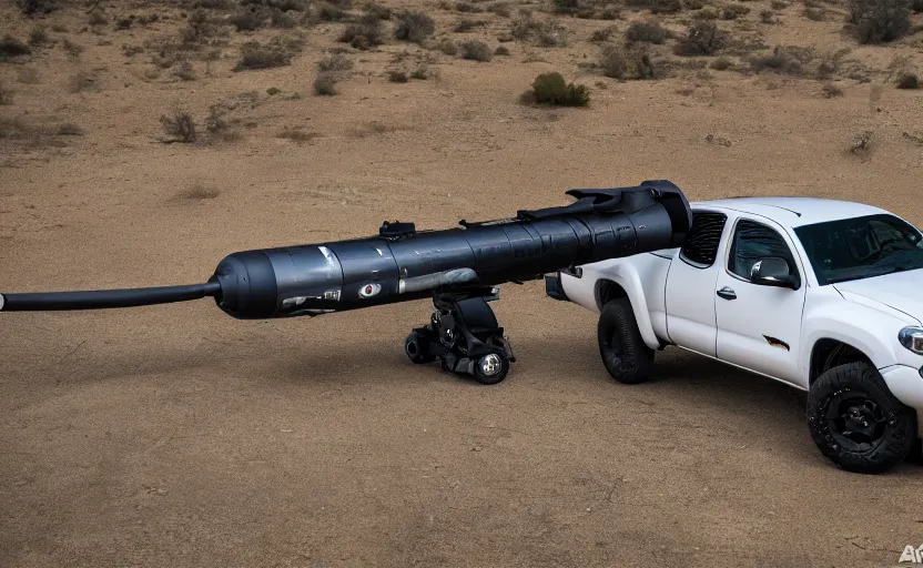 Image similar to wideshot of a UB-32 rocket pod mounted on a Toyota Tacoma, highly detailed, 4k photo, shot with sony alpha