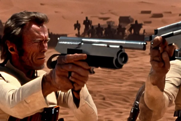 Prompt: film still of clint eastwood aiming a colt handgun in star wars, he is inside tatooine bar 4 k