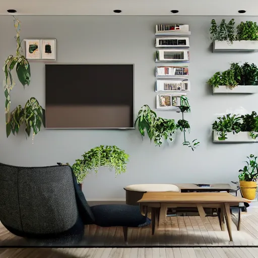 Prompt: a 5 0 meter living room with big television and two plants and pictures on the wall and wall watch unrealengine