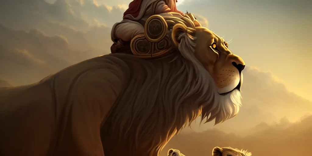 Prompt: hooded wise old man ( long white beard wearing a brown tunic ), riding majestically on a beautiful lions back, epic digital art, cinematic, trending on artstation, superb detail 8 k masterpiece