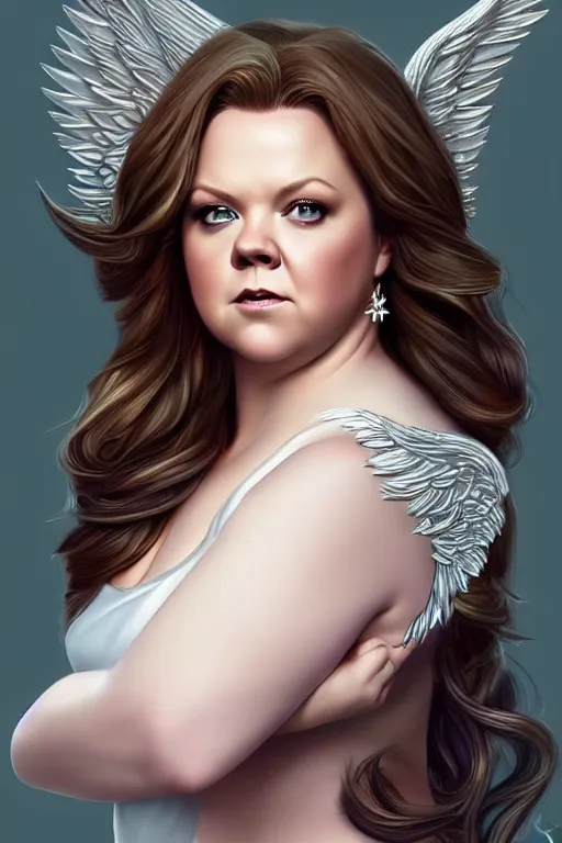 Prompt: Melissa McCarthy as an angel, fantasy, long hair, intricate, elegant, highly detailed, digital painting, artstation, concept art, smooth, sharp focus, illustration, art by artgerm and manara