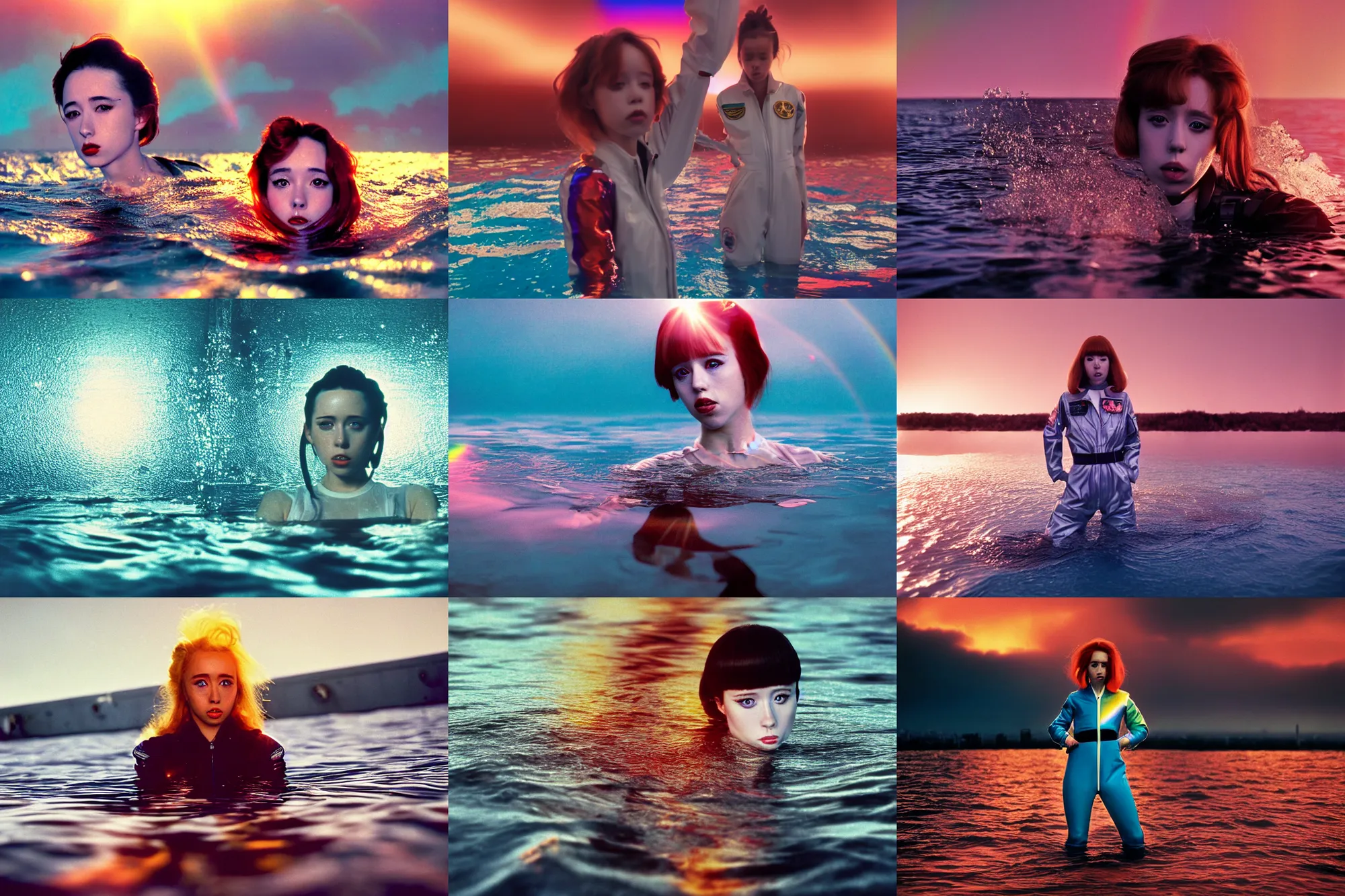 Prompt: Beautiful Holly Herndon style cottagecore seinen manga Fashion photography portrait tokyo top gun(1980) movie still from underwater space dance scene of model, wearing refracting rainbow diffusion wet plastic Balenciaga designed specular highlights anti-g flight jump suit, half submerged in heavy sunset golden hour floods, water to waist, , épaule devant pose;pursed lips;athletic; pixie hair,eye contact, ultra realistic, Panavision Panaflex X , Technicolor, 8K, 35mm lens, three point perspective, tilt shift mirror kaleidoscope orbs background, extreme closeup portrait, chiaroscuro, highly detailed, devine composition golden ration, by moma, by Nabbteeri by Sergey Piskunov