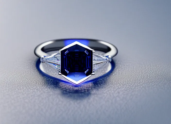 Image similar to futuristic!! diamond wedding ring, sapphire, ( design by porsche!!!!! ), xf iq 4, 1 5 0 mp, 5 0 mm, f / 1. 4, iso 2 0 0, 1 / 1 6 0 s, natural light, octane render, macro shot, symmetrical balance, polarizing filter, sense of depth