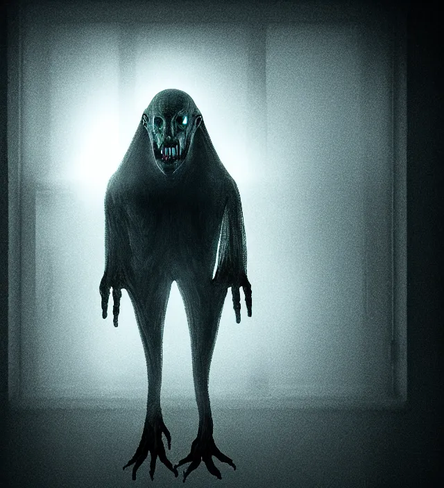 Image similar to a nightmare ghost monster alien standing in front of a window, volumetric lighting, in the style of stephen king, inspired by lovecraft, inspired by jeffrey smith