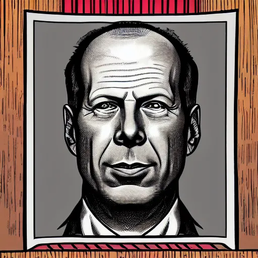 Image similar to a illustration portrait of Bruce Willis drawn by Robert Crumb