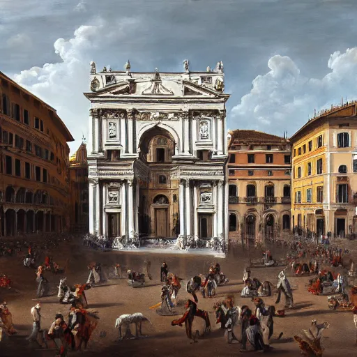 Prompt: insanely detailed oil painting of piazza barberini in rome from the 1 8 th century, ultrafine detail, unreal engine, ue 5, trending on artstation