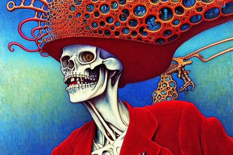 Image similar to realistic detailed closeup portrait painting of a single skeleton wearing red velvet blazer in a crowded futuristic moscow street by Jean Delville, Amano, Yves Tanguy, Alphonse Mucha, Ernst Haeckel, Edward Robert Hughes, Roger Dean, rich moody colours, blue eyes