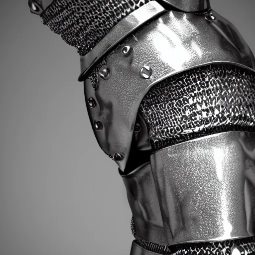 Image similar to tight fitting chainmail armour on an arm. low key cinematic lighting. concept illustration, realistic render