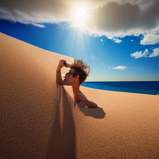 Image similar to a scuba diver sunbathing on a sand dune, bright sunny day, photography, highly detailed, high quality, 8 k, soft lighting,