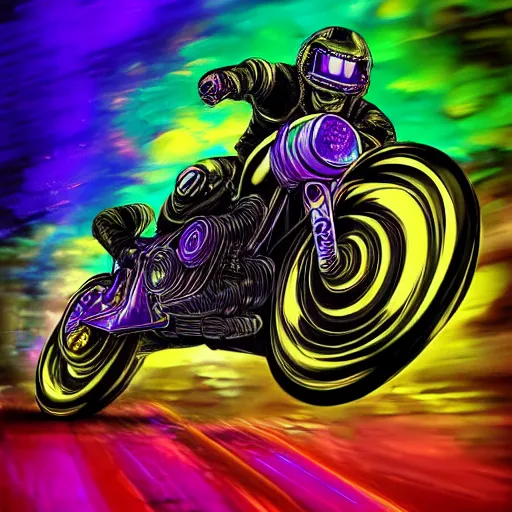 Prompt: psychedelic blacklight neon airbrush artwork, motorcycle, hyper stylized cinematic action shot of an orc racing on a motorcycle, motogp, menacing orc, drifting, skidding, popping a wheelie, clear focused details, soft airbrushed artwork, black background, post apocalypse, cgsociety, artstation, peter lloyd art, peter palombi art