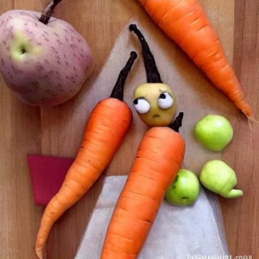 Image similar to a carrot an apple and a potato all with horrifying and cute faces at the same time, they dance with graceful steps and make strange gestures with their mouths