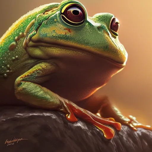 Image similar to a frog sitting on walter white's head, intricate, highly detailed, digital painting, artstation, concept art, smooth, sharp focus, illustration, unreal engine 5, 8 k, art by artgerm and greg rutkowski and alphonse mucha