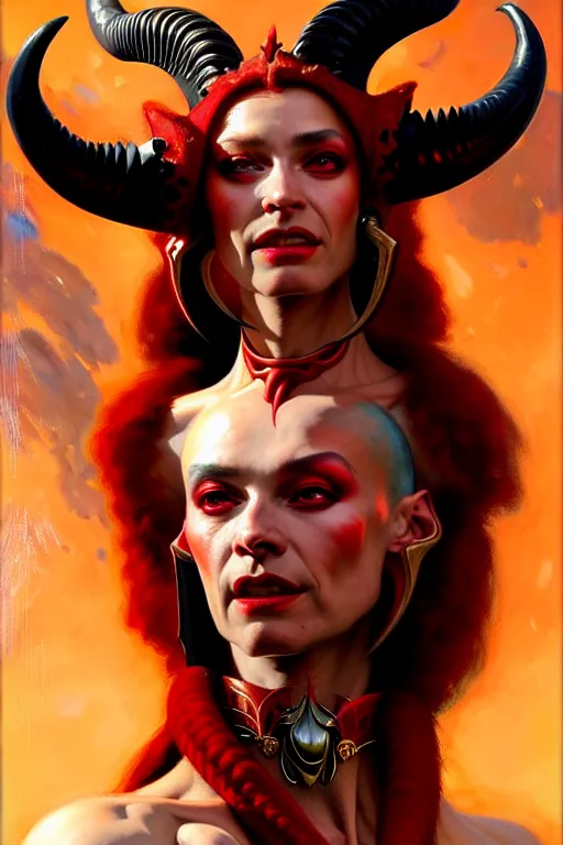 Image similar to painted close - up portrait of a very attractive red - skinned intimidating demon alien queen with ram horns! oil painting, wearing a noblewoman's outfit, fantasy art by john singer sargent and gaston bussiere and james jean and greg rutkowski, demon noble character design, hd