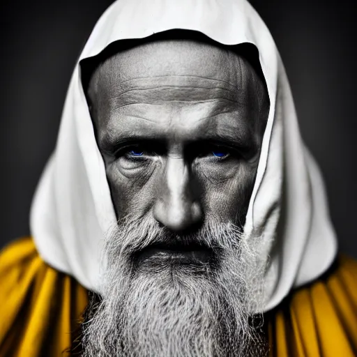 Image similar to stunning beautiful portrait photography of medieval sacred priest from national geographic award winning, dramatic lighting, taken with canon 5d mk4, sigma art lens, medium close up shot