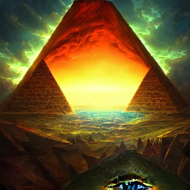 Prompt: the illuminati eye opening up from inside a pyramid, a fantasy magical landscape seen in the distance, atmospheric lighting, intricate, volumetric lighting, beautiful, sharp focus, ultra detailed, in the art style of marc simonetti, bowater charlie and brom gerald, astrophotography