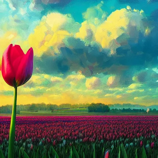 Image similar to girl with a giant tulip head, surreal photography, flower field, sunset dramatic light, impressionist painting, colorful clouds, blue sky, digital painting, artstation, simon stalenhag