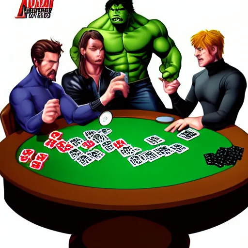 Image similar to The Avengers playing Texas Hold'em Poker at a round table, Hulk going all in, trending digital art, artstation