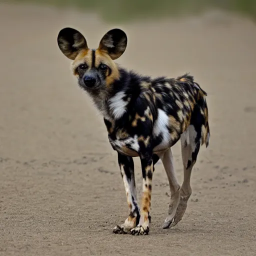 Prompt: A photo of the world's greatest showman: the african wild dog dressed in a hat!