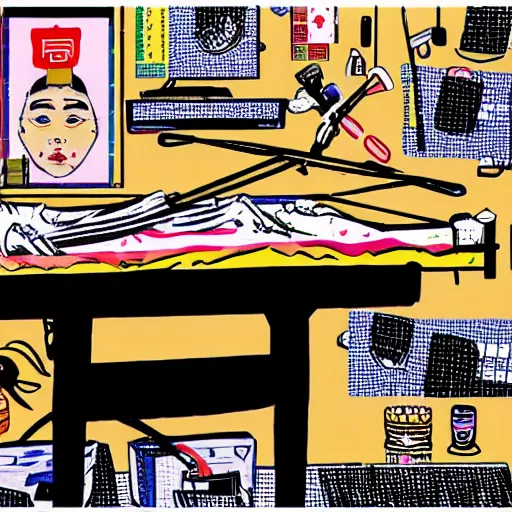 Image similar to chinese surgery operating table, in the style of daniel johnston and simon stålenhag and outsider art, 8k, line brush, overlaid with chinese adverts