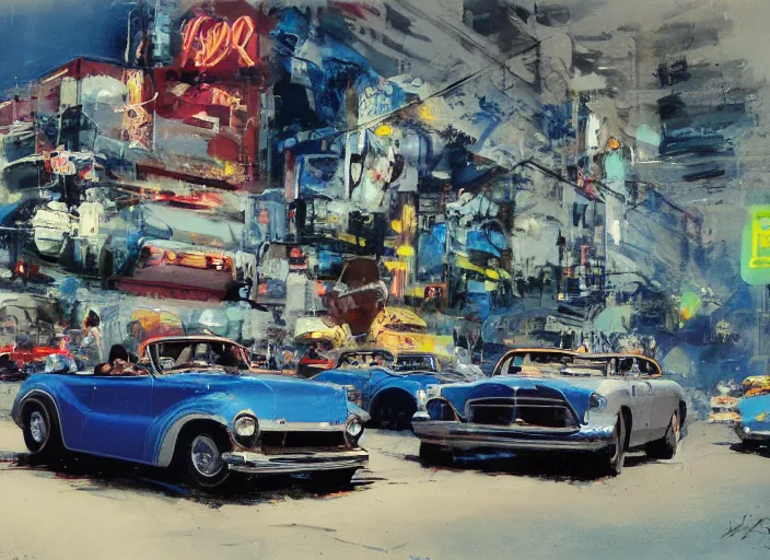 Image similar to hotrods driving down a street , vintage, high detail, 4K, by John Berkey