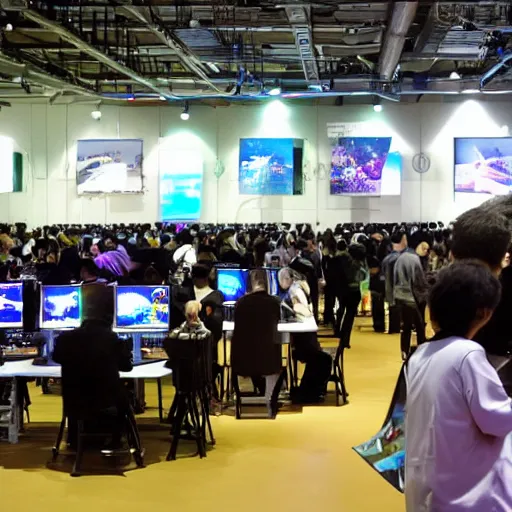 Image similar to gamers playing computers in a exhibition hall filled with many spectators, photorealistic, ultra-detailed, high resolution