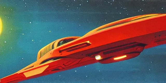 Image similar to ”retrofuturistic red spaceship flying low over the atmosphere of a green jungle planet down below with a yellow sun in the background, art by vincent di fate”