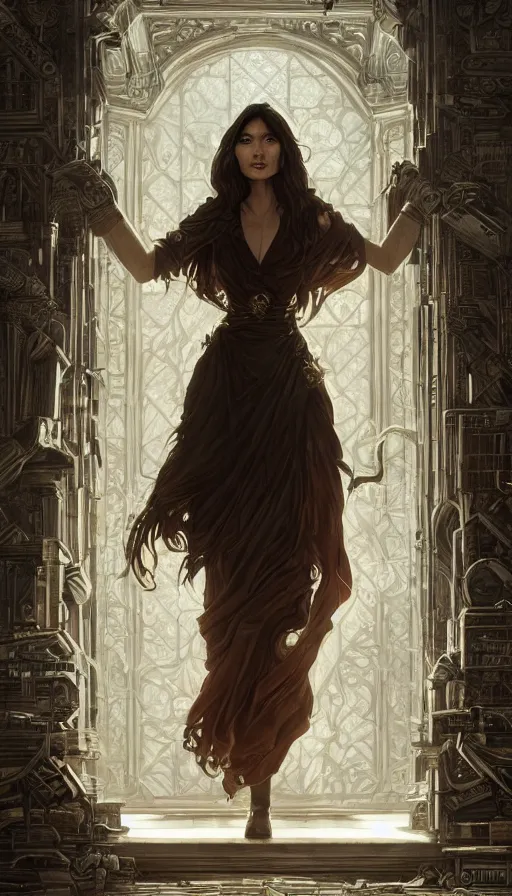 Prompt: the librarian, gemma chan, fame of thrones, fibonacci, sweat drops, intricate fashion clothing, insane, intricate, highly detailed, surrealistic, digital painting, artstation, concept art, smooth, sharp focus, illustration, unreal engine 5, 8 k, art by artgerm and greg rutkowski and alphonse mucha