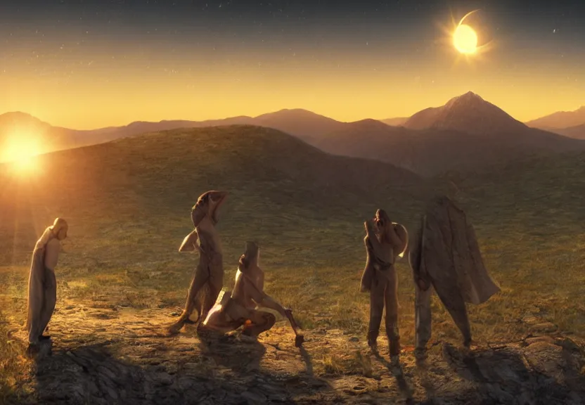 Image similar to fully photorealistic eclipse at sunrise on a mountaintop, distant glowing figures, crystalline masterpiece diamond incrustations, art by john collier, albert aublet, artem demura, alphonse mucha, sharper luminescent focus, nd 6, hdr, movie still, cinematic diffuse lighting, artstation, textless, sharp focus