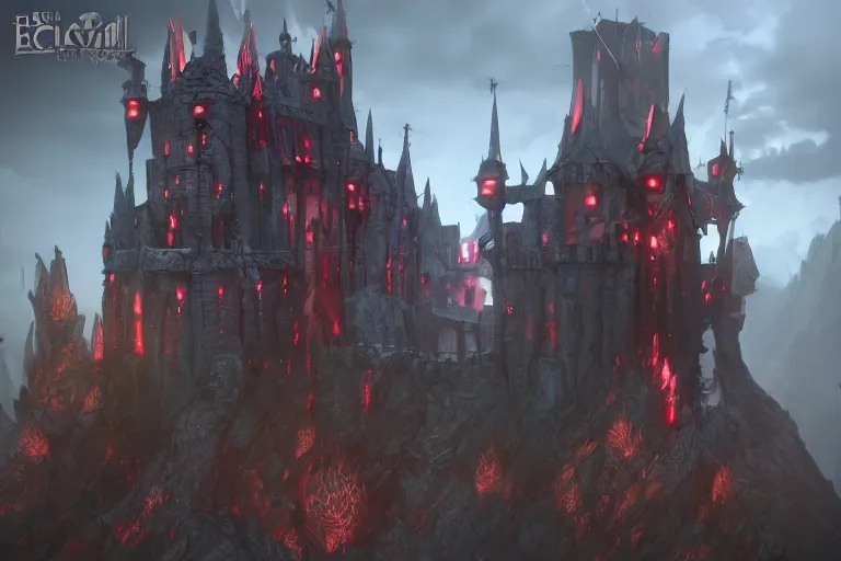 Image similar to big evil castle - city rock dark shadow elves, might and magic heroes vii, dark fantasy, shadows, artstation trending, unreal engine 5, red