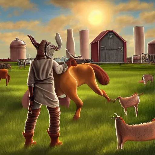 Image similar to jar jar binks working on his dairy farm, digital art