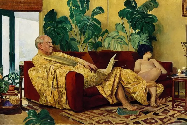 Image similar to A cozy, warm living room, bathed in golden light, with many tropical plants and eclectic furniture, a figure rests on an old couch, highly relaxed, sunday afternoon, living the good life, at peace, golden ratio, fauvisme, art du XIXe siècle, figurative oil on canvas by Albert Marquet, André Derain, Auguste Herbin, Louis Valtat, Musée d'Orsay catalogue